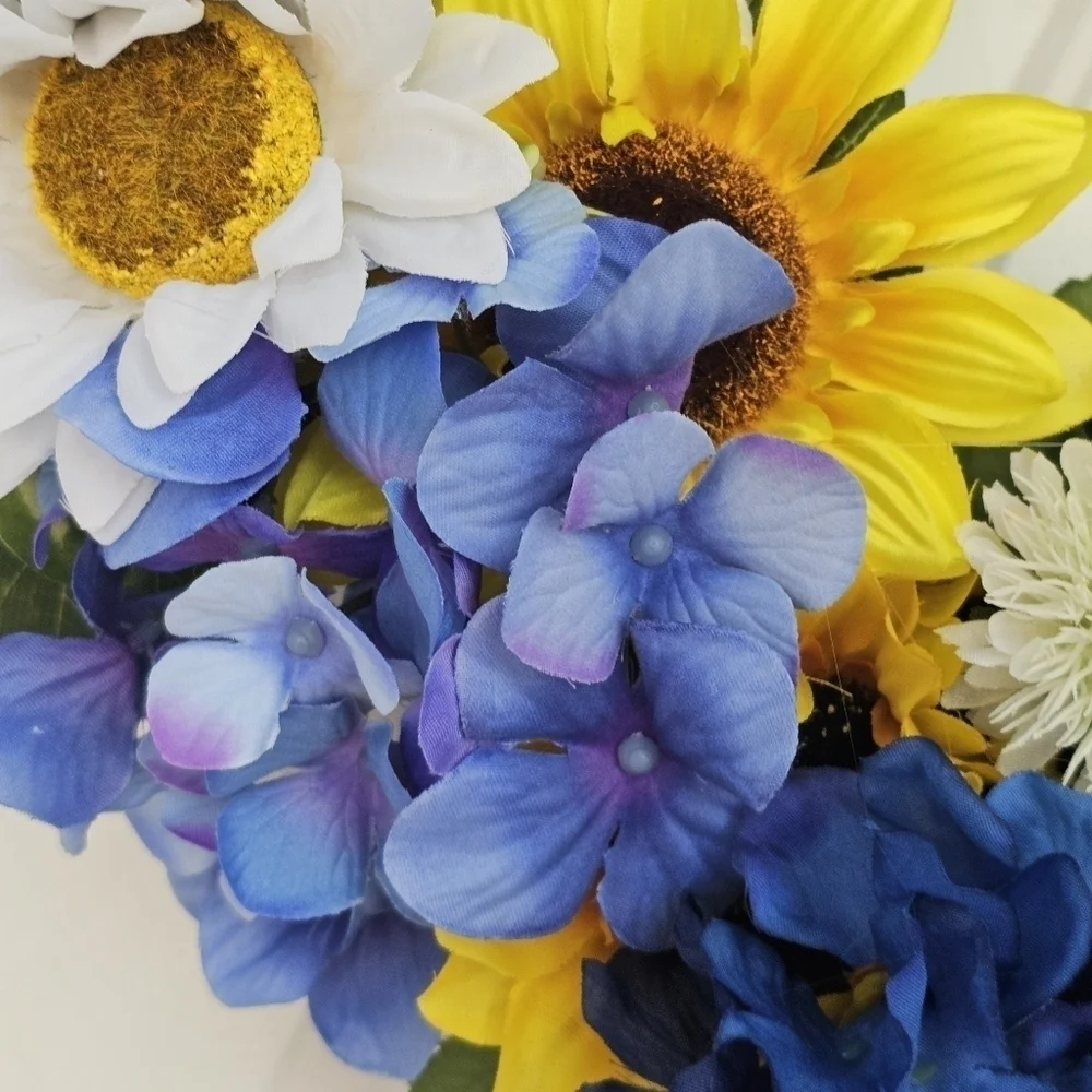 Handmade sunflower and blue hydrangea wreath for everyday, summer,spring